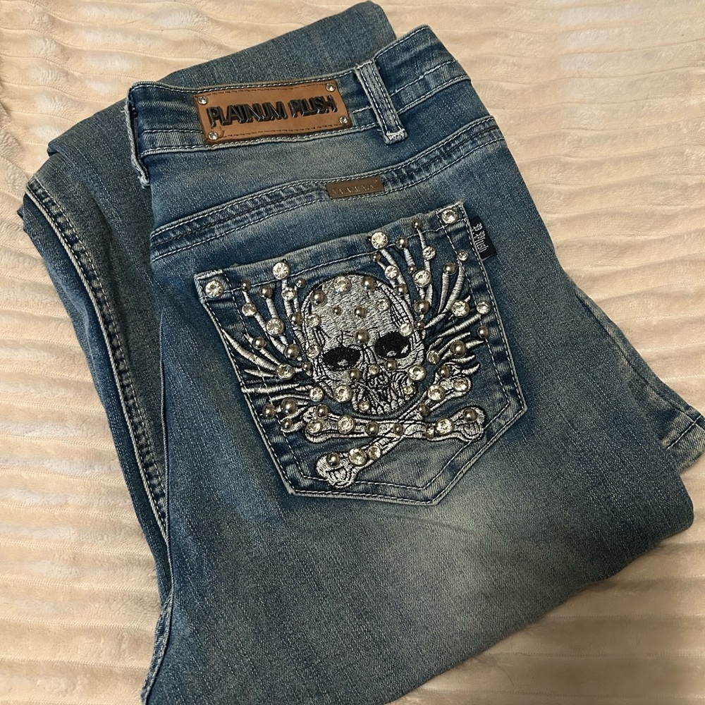 Blue Denim Jeans with Skull Embellishment